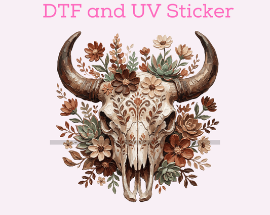 Western Boho Bull Skull DTF TRANSFER or UV DTF STICKER