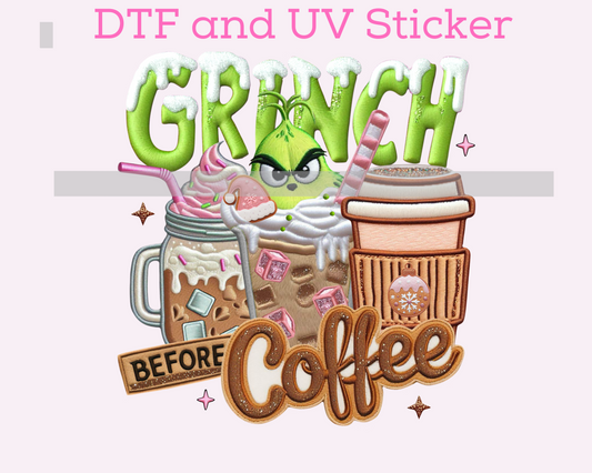Green Man Coffee faux embroidery Christmas DTF TRANSFER or UV DTF STICKER
