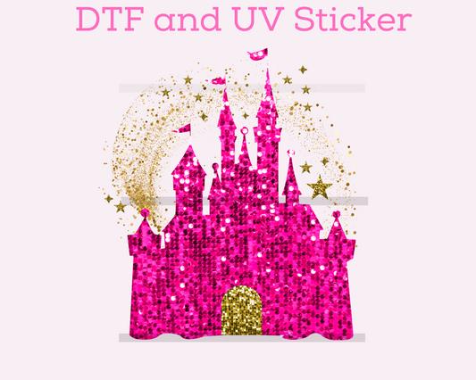 Magical Pink Sparkle Castle DTF TRANSFER or UV DTF STICKER