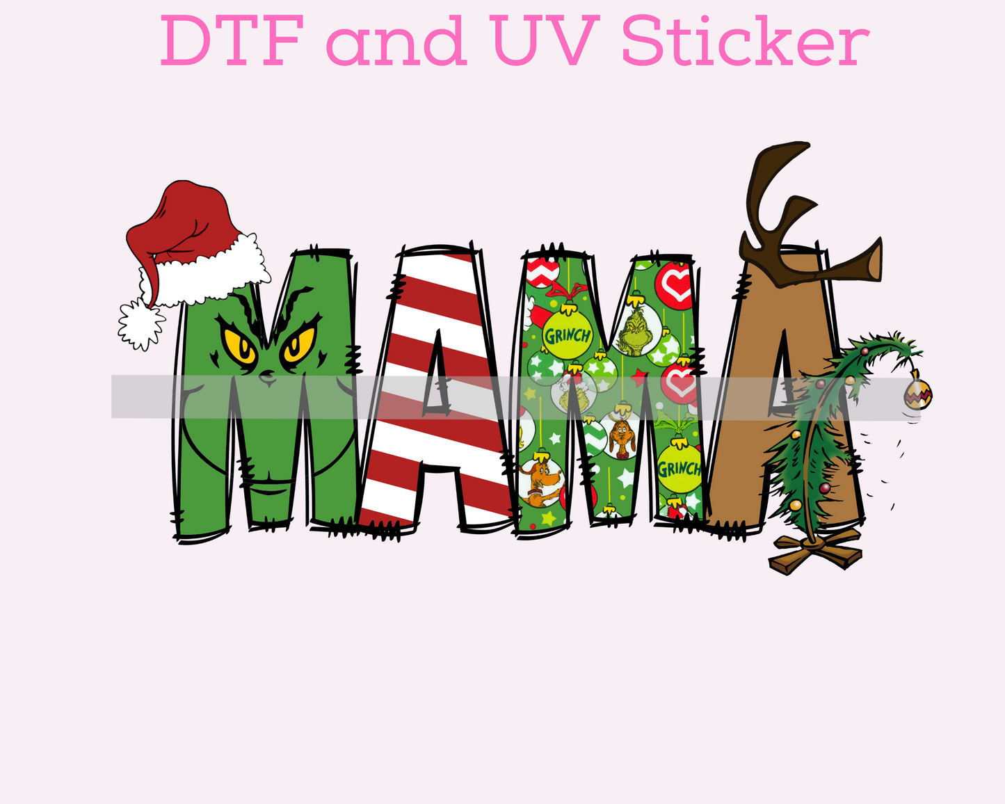 Green Man Mama Doodle Letters Christmas DTF TRANSFER or UV DTF STICKER