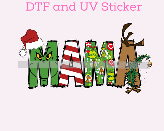 Green Man Mama Doodle Letters Christmas DTF TRANSFER or UV DTF STICKER