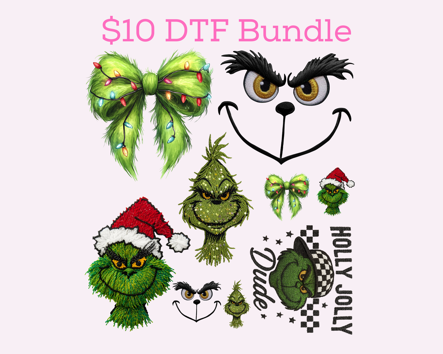 $10 Green Guy Christmas Bundle 4- 11', 1-9" 4-4" DTF Transfer