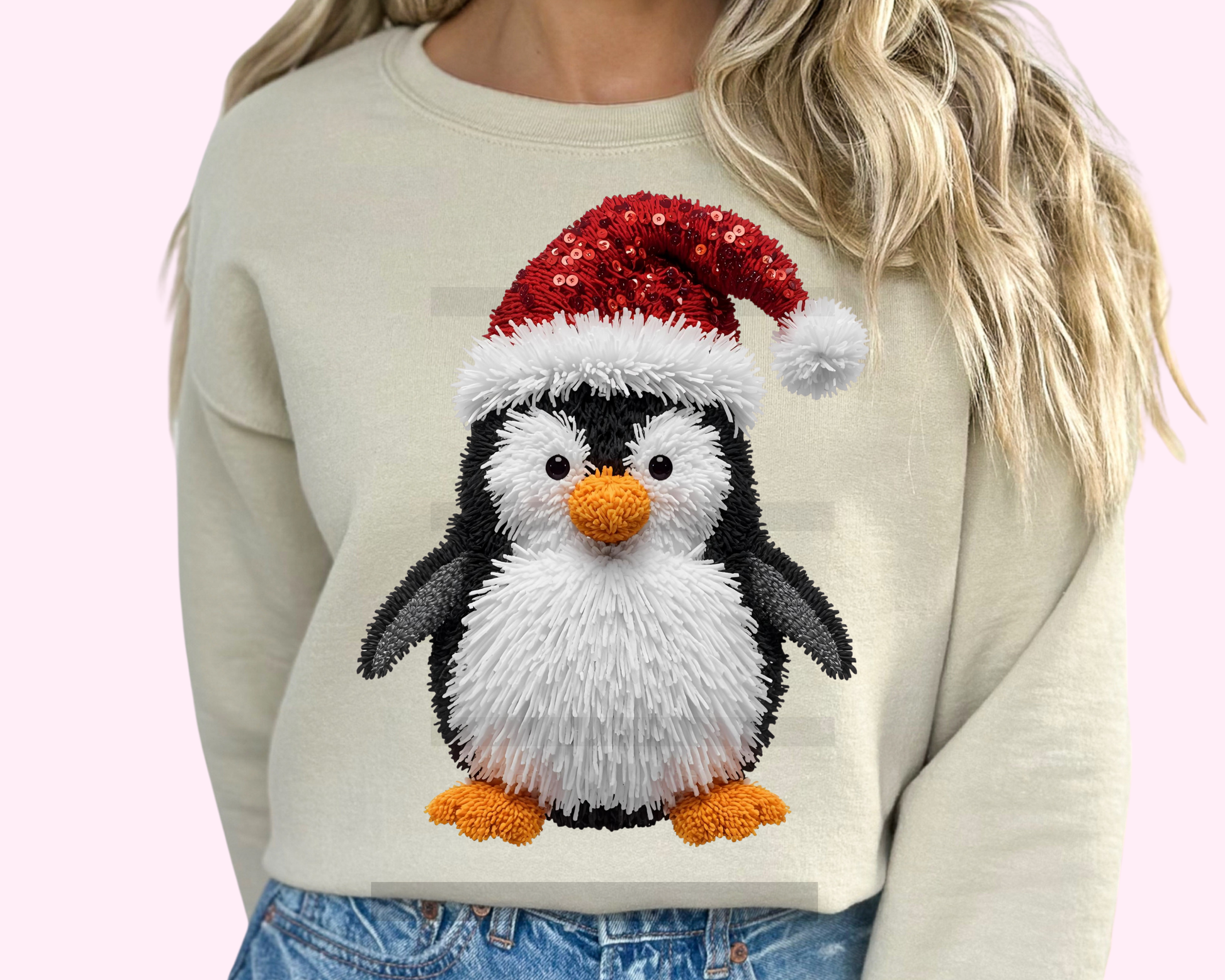 Penguin Christmas Hat Sequins Faux Texture Christmas DTF TRANSFER