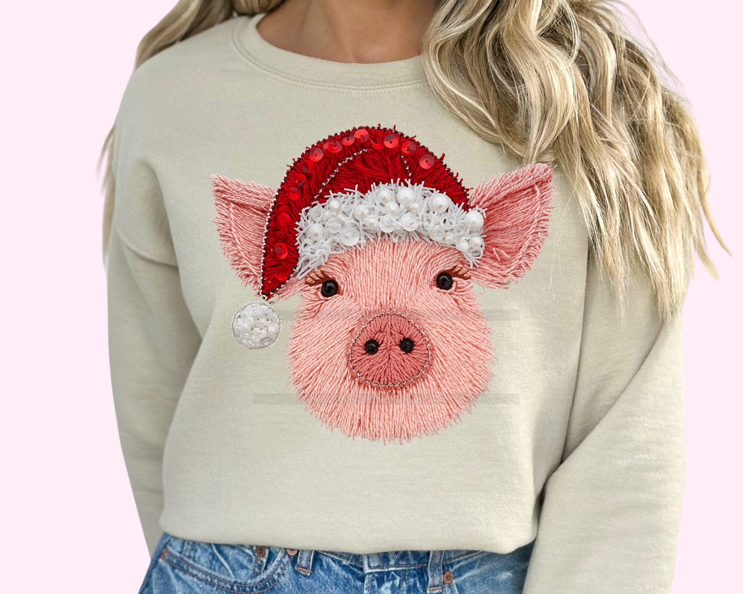Pig Christmas Hat Sequins Faux Texture Christmas DTF TRANSFER