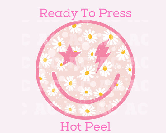 Pink Daisy Smiley DTF TRANSFER or UV DTF STICKER
