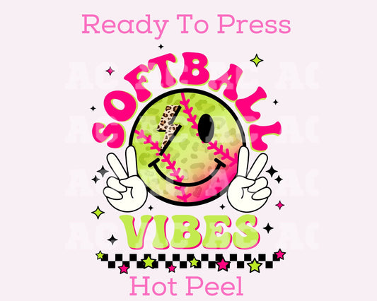 Pink Softball Vibes DTF TRANSFER or UV DTF STICKER