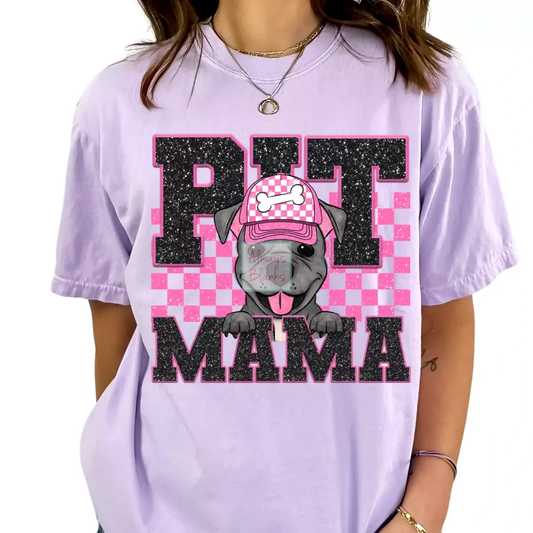 Pit Mama (Pink) Faux Sequins Faux Embroidery Mom DTF TRANSFER or UV DTF STICKER DECAL