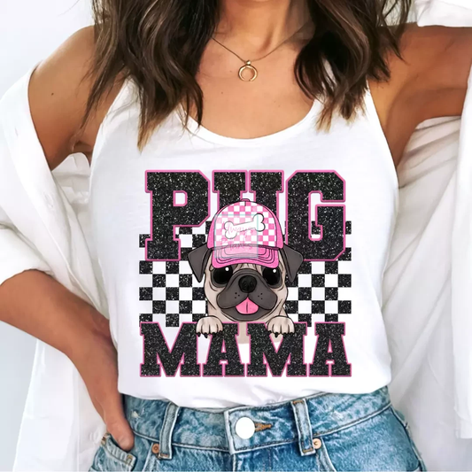 Pug Mama (Black) Faux Sequins Faux Embroidery Mom DTF TRANSFER or UV DTF STICKER DECAL