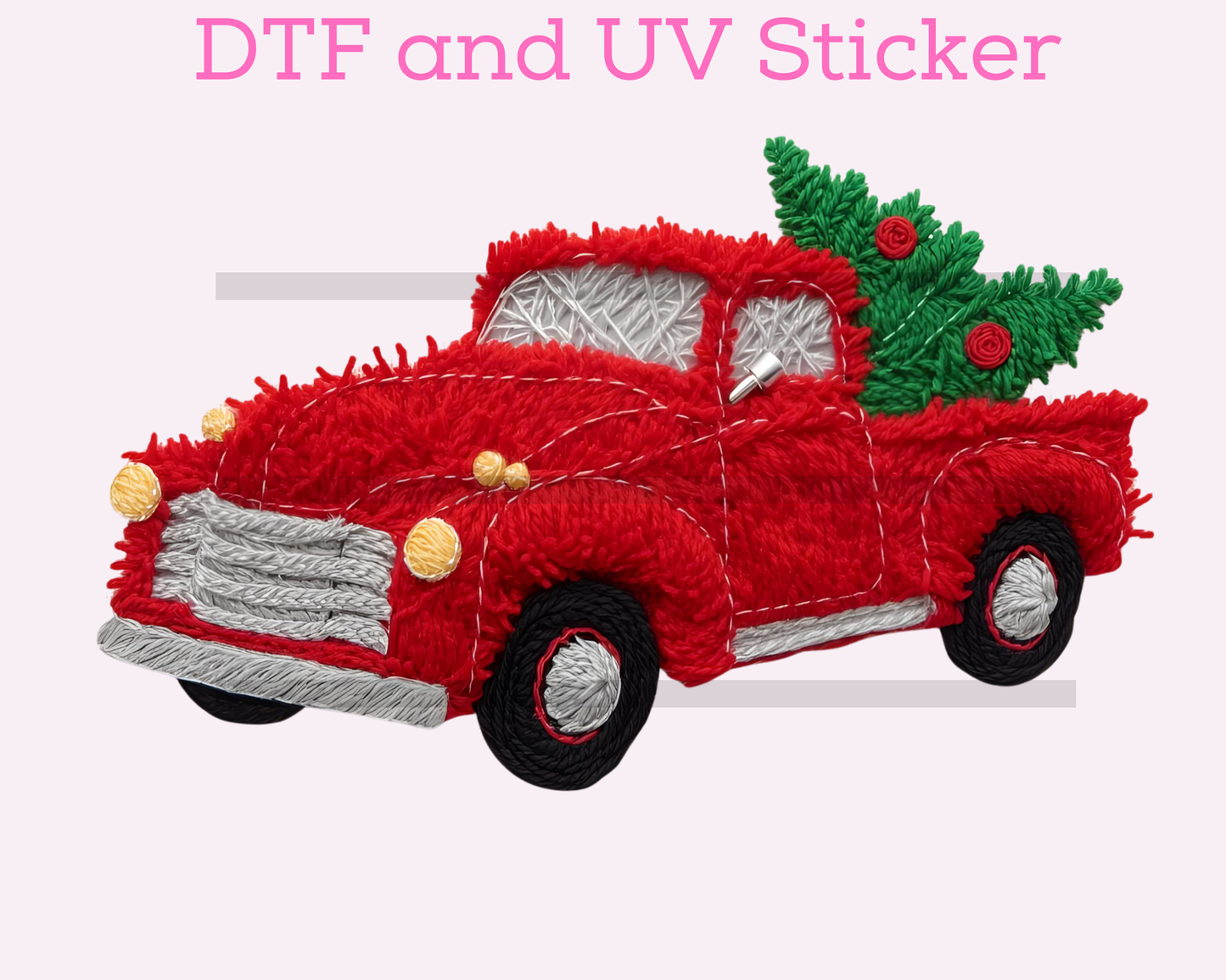 Faux Yarn Red Truck with Tree Christmas DTF TRANSFER