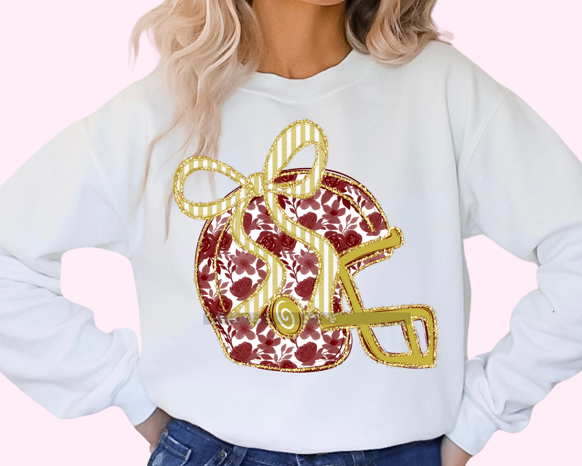 Red Gold Floral Helmet Football DTF TRANSFER or UV DTF STICKER