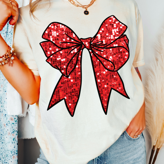 Faux Sequins Red Coquette Bow Christmas DTF TRANSFER or UV DTF STICKER