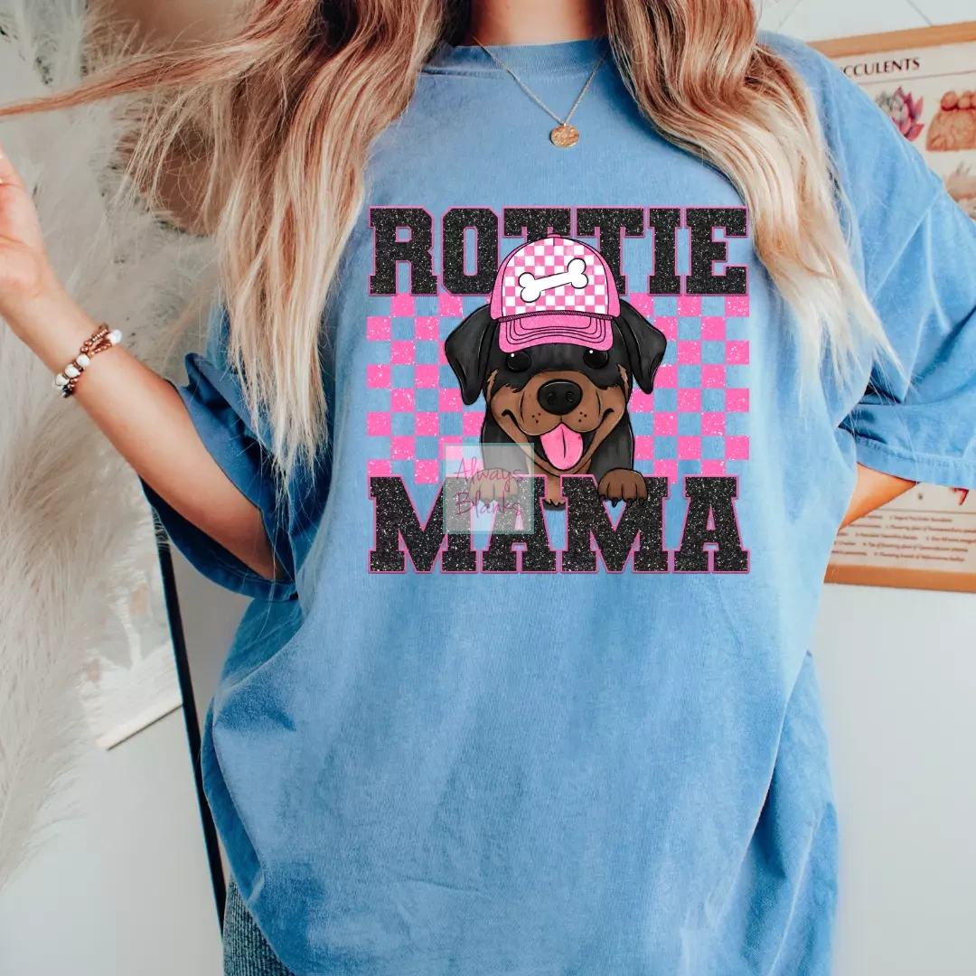 Rottie Mama (Pink) Faux Sequins Faux Embroidery Mom DTF TRANSFER or UV DTF STICKER DECAL