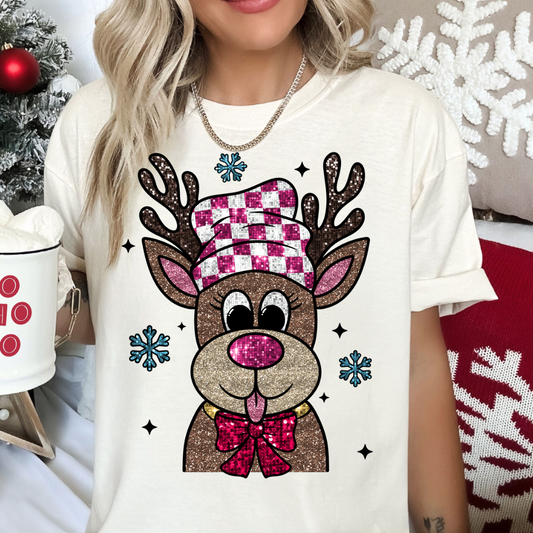 Pink Checkered Faux Sequins Reindeer DTF TRANSFER