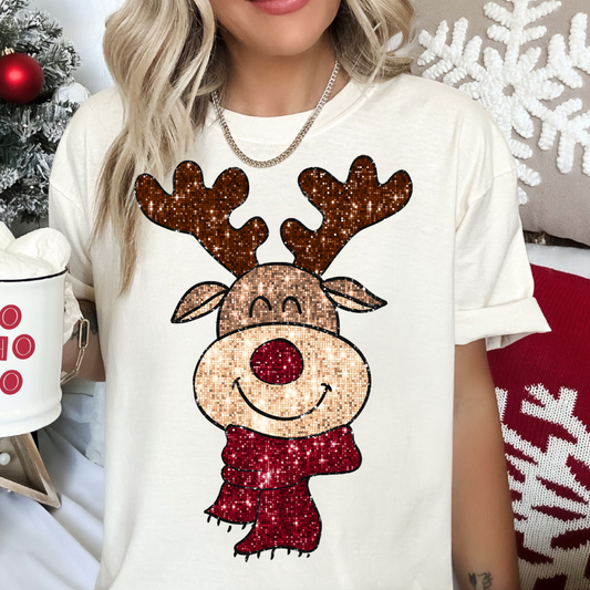 Faux Sequins Reindeer With A Scarf DTF TRANSFER or UV DTF STICKER