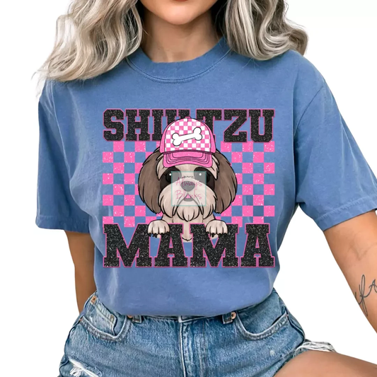 Shih Tzu Mama (Pink) Faux Sequins Faux Embroidery Mom DTF TRANSFER or UV DTF STICKER DECAL