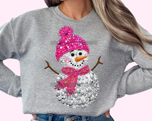 Pink Hat Snowman Sequins Faux Texture DTF TRANSFER
