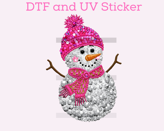 Pink Hat Snowman Sequins Faux Texture DTF TRANSFER