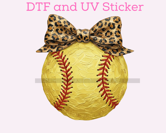 Softball with Bow DTF TRANSFER or UV DTF STICKER DECAL