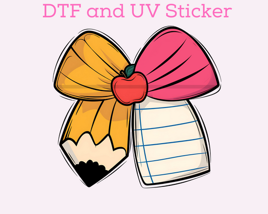 Coquette Pencil Bow apple School Teacher DTF TRANSFER or UV DTF STICKER DECAL