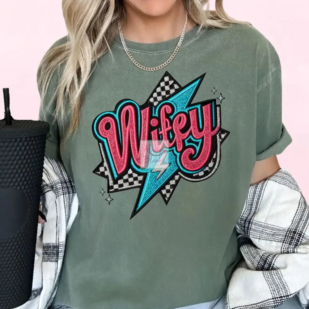 Wifey Checkered Faux Embroidery Wife DTF TRANSFER or UV DTF STICKER DE ...