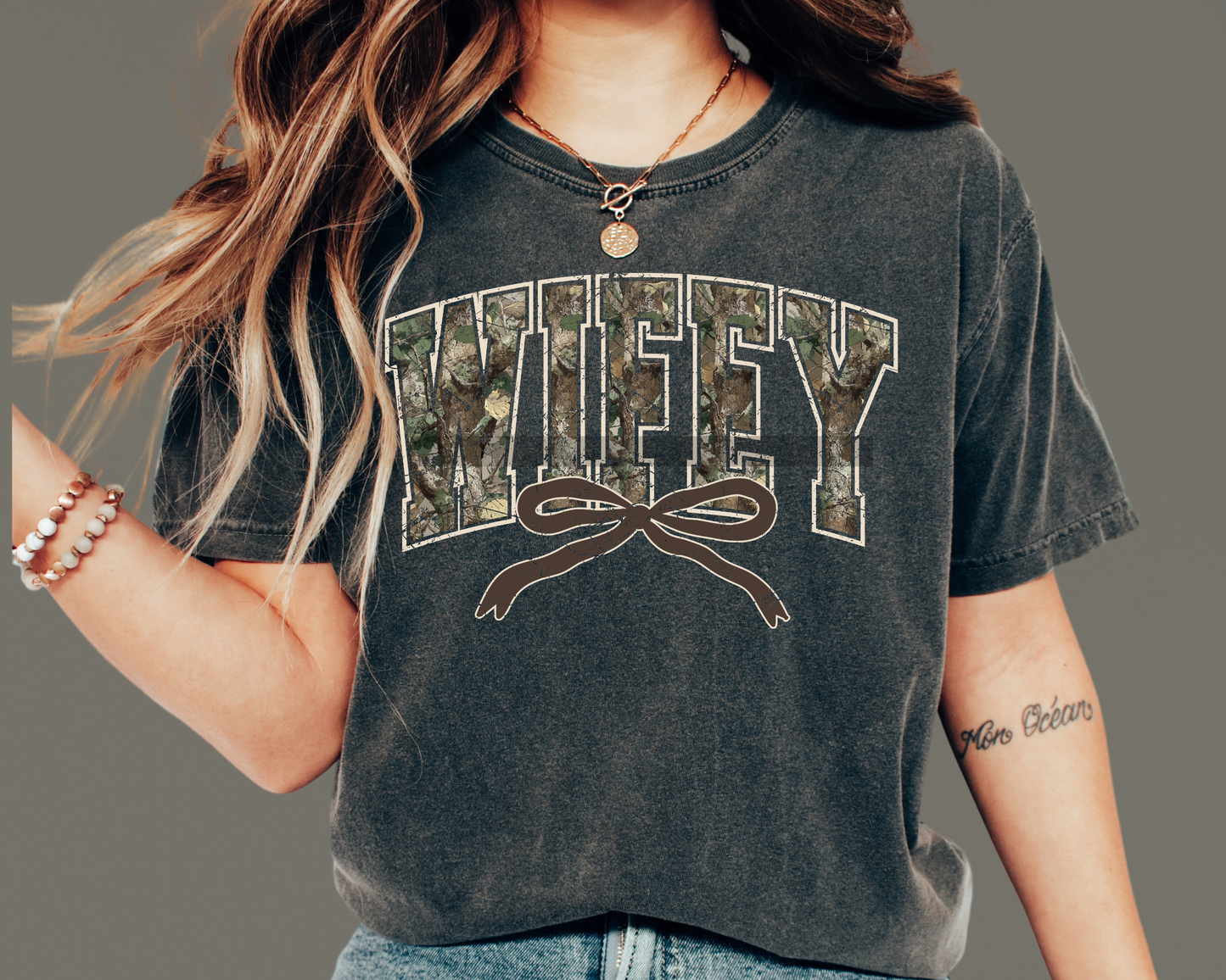 WIFEY Camo with Bow Varsity Wife DTF TRANSFER or UV DTF STICKER DECAL