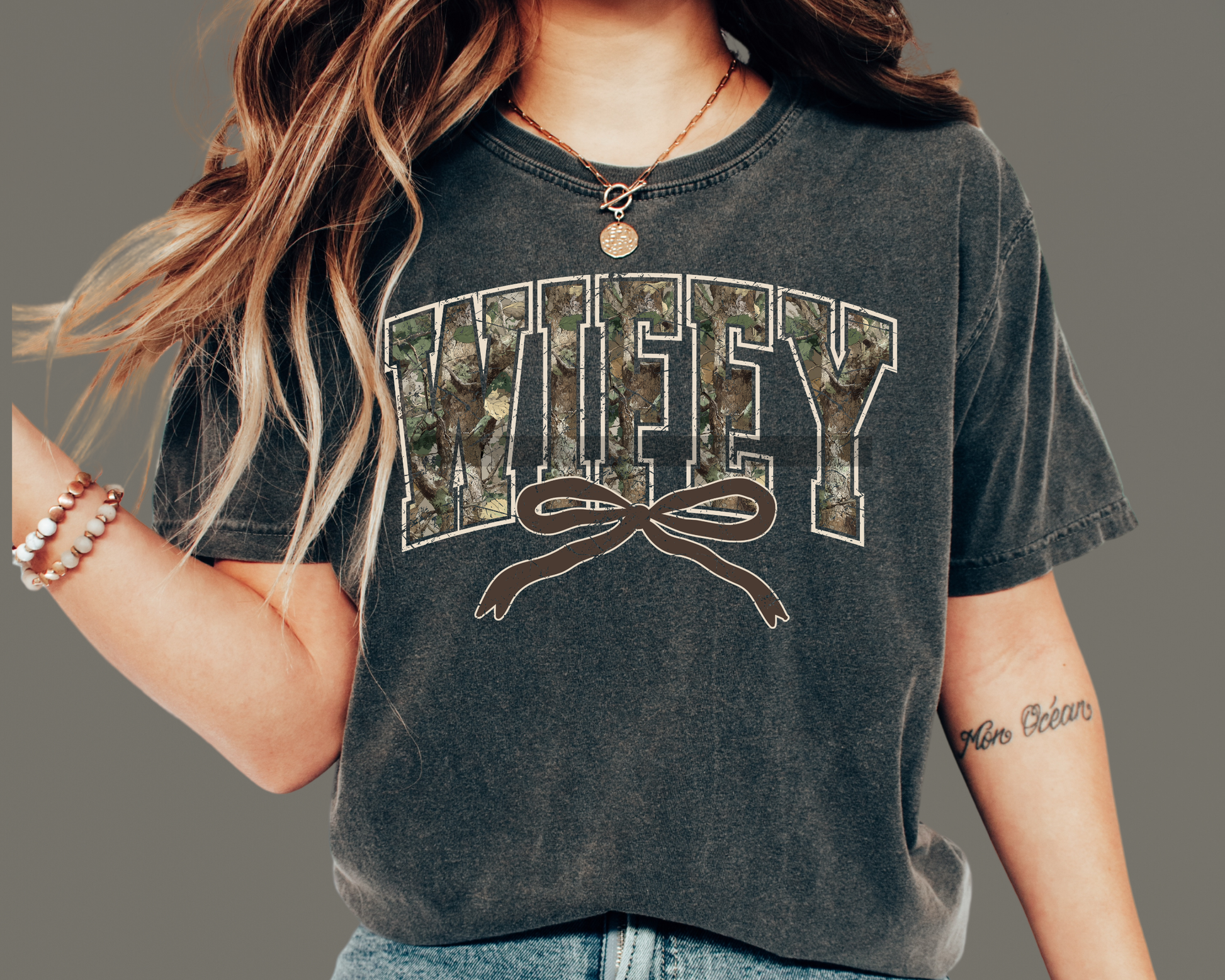WIFEY Camo with Bow Varsity Wife DTF TRANSFER or UV DTF STICKER DECAL