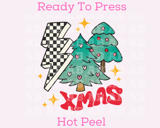 Checkered Xmas Bolt And Trees (Distressed) Christmas DTF TRANSFER or UV DTF STICKER